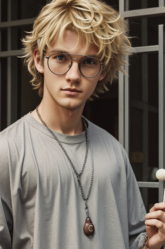 An anime white boy with blond messy hair and is wearing a baggy grey shirt and rounded glasses and is also wearing a chain with the number 12 on with and eating a chocolate pop