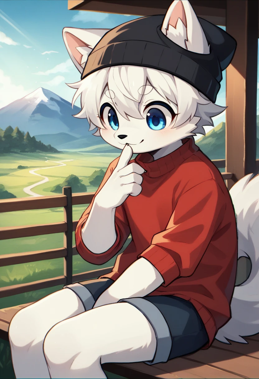a furry fursona white husky, white fur, platinum messy hair, adolescent, blue eye with black irises, big round cute eye, very cute face, hand on chin acoustic guitar, showing a cute face, wearing a red sweater, a black beanie, sitting on the bench, mountain, drawn by Hioshiru and Azuma Minatsu, anthro art, digital art, intricate detailed, watercolor style and sketch style, blue sky, high field, cute, adorable, Abstract and illustration drawn by Atey Ghailan and Emily Bland, Low-key lighting, Crepuscular Rays, Chromatic Aberration, focus lens, taken by Canon