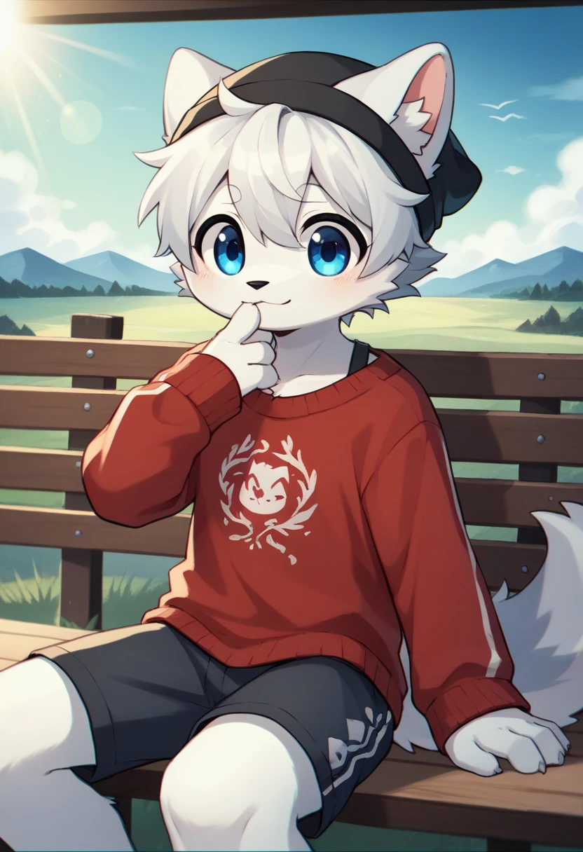 a furry fursona white husky, white fur, platinum messy hair, adolescent, blue eye with black irises, big round cute eye, very cute face, hand on chin acoustic guitar, showing a cute face, wearing a red sweater, a black beanie, sitting on the bench, mountain, drawn by Hioshiru and Azuma Minatsu, anthro art, digital art, intricate detailed, watercolor style and sketch style, blue sky, high field, cute, adorable, Abstract and illustration drawn by Atey Ghailan and Emily Bland, Low-key lighting, Crepuscular Rays, Chromatic Aberration, focus lens, taken by Canon