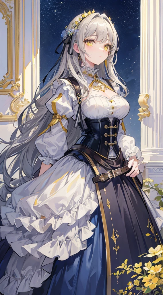 (((masterpiece)))、((Highest quality))、(Ultra-detailed)、(CG illustration)、(Very beautiful woman))、Cinematic Light、((Beautiful yellow eyes with highlights))、 (Beautiful and luxurious)()、Look forward,Gray Hair,Corset belt,Blue high waist skirt,Upper body portrait、moonlight