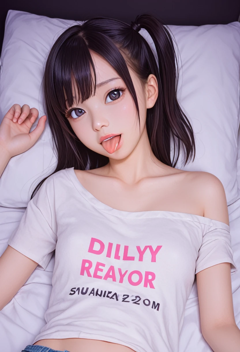 ollarbone,pastel colors t-shirt,off-shoulder look,bare shoulder,midriff peek,micro shorts,open mouth,(tongue out:2),lying,front view,upper body,Embarrassed,(1girl,Beautiful 14 year old girl),((Slender,Small breasts,Small face,)),(looking at viewer),Black Hair,bangs,one side up,Beautiful and detailed,(Dimly lit room:1.5),Weak white lighting,Simple Background,White bed,pillow,best quality,Brilliant Quality
