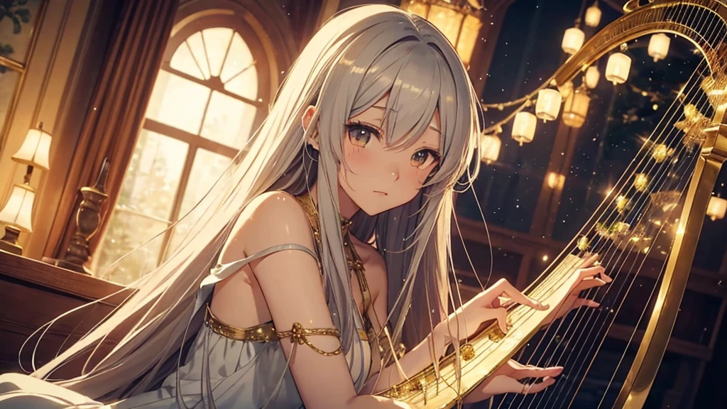 Mellow, an anime-style female character with long, straight hair and a serene expression, in a room decorated with fairy lights. The scene is cozy and softly lit with a harp nearby. The ambiance is whispering vocal, easy listening, and lo-fi hip-hop.