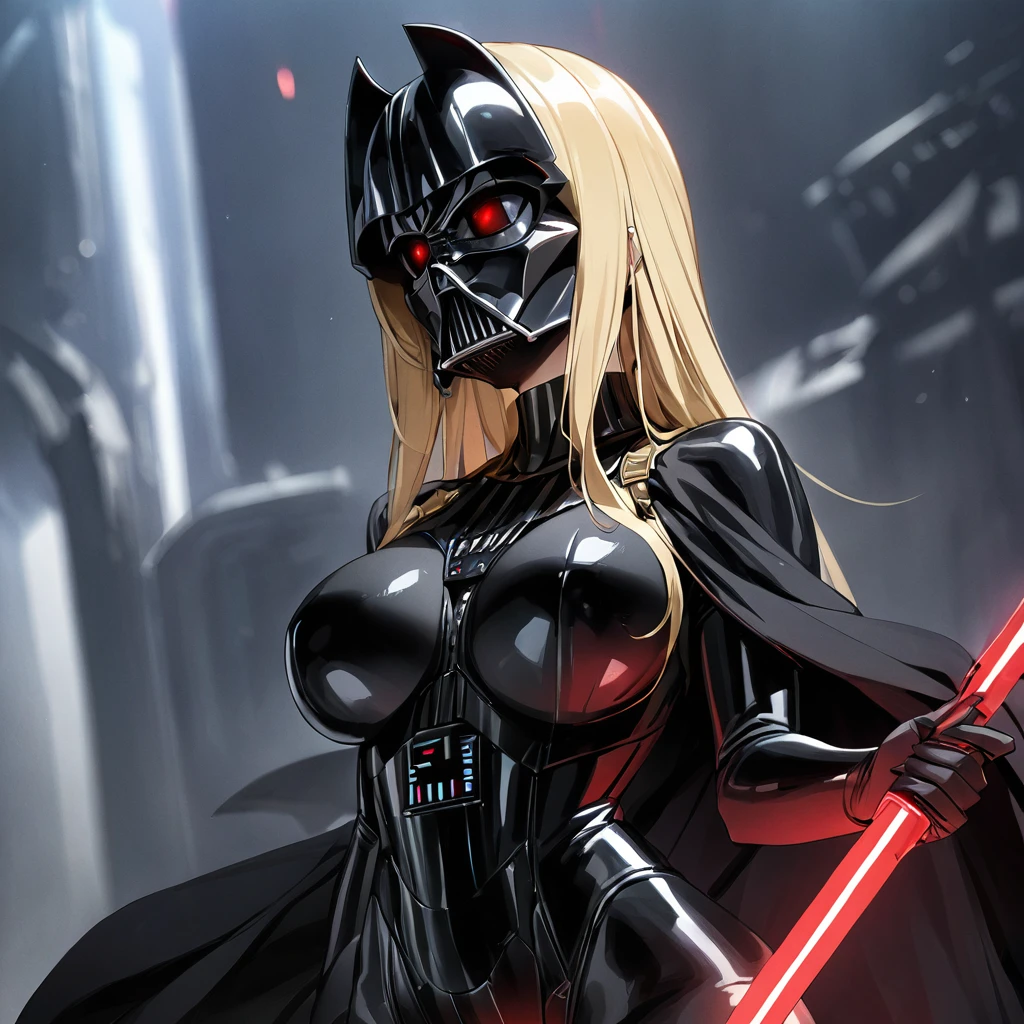 ((Highest quality)), ((masterpiece)), (detailed), （Perfect Face）、The woman is the Sith Lord Tearju, with medium-long blonde hair, a female version of Darth Vader, wearing the same bodysuit and protector as Darth Vader, a full-face helmet like Darth Vader, a black cloak, and holding a red lightsaber.