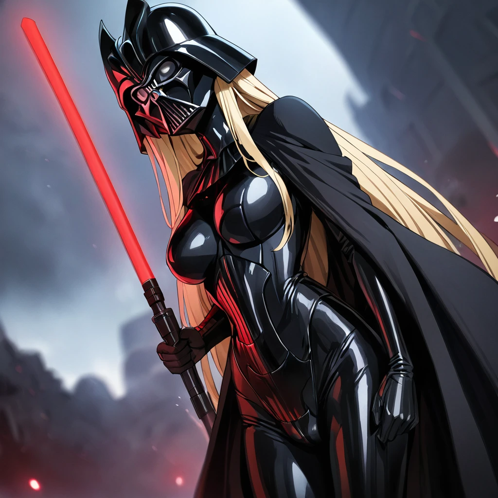 ((Highest quality)), ((masterpiece)), (detailed), （Perfect Face）、The woman is the Sith Lord Tearju, with medium-long blonde hair, a female version of Darth Vader, wearing the same bodysuit and protector as Darth Vader, a full-face helmet like Darth Vader, a black cloak, and holding a red lightsaber.