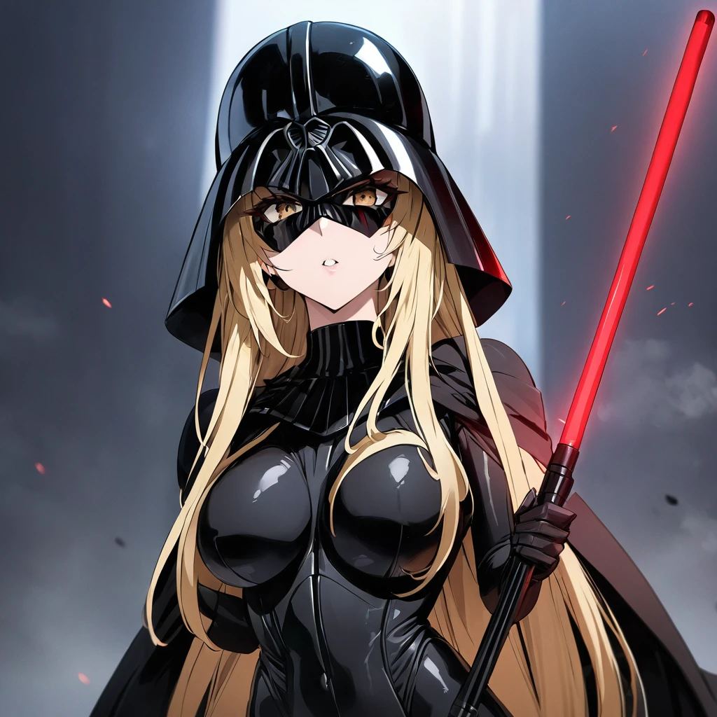 ((Highest quality)), ((masterpiece)), (detailed), （Perfect Face）、The woman is the Sith Lord Tearju, with medium-long blonde hair, a female version of Darth Vader, wearing the same bodysuit and protector as Darth Vader, a full-face helmet like Darth Vader, a black cloak, and holding a red lightsaber.