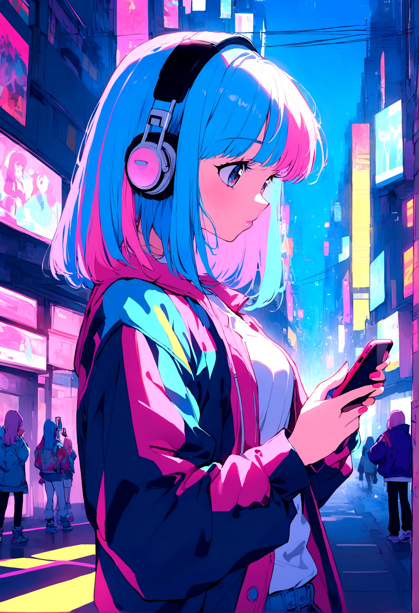 Pink and blue hair girl, soda, Inspired by 90s anime, Cyberpunk City, praise, colorful, listen to music, Pink Hair, Blue Hair、Playing with smartphones