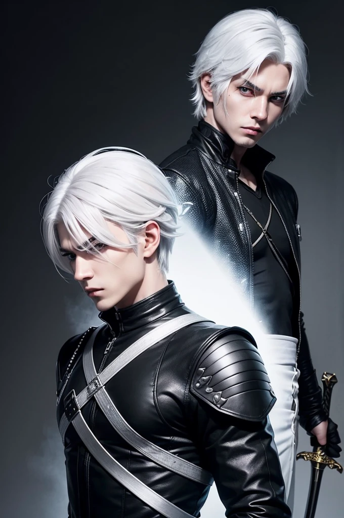 Create a male character with white hair with a sword person in black clothing and a sarcastic face