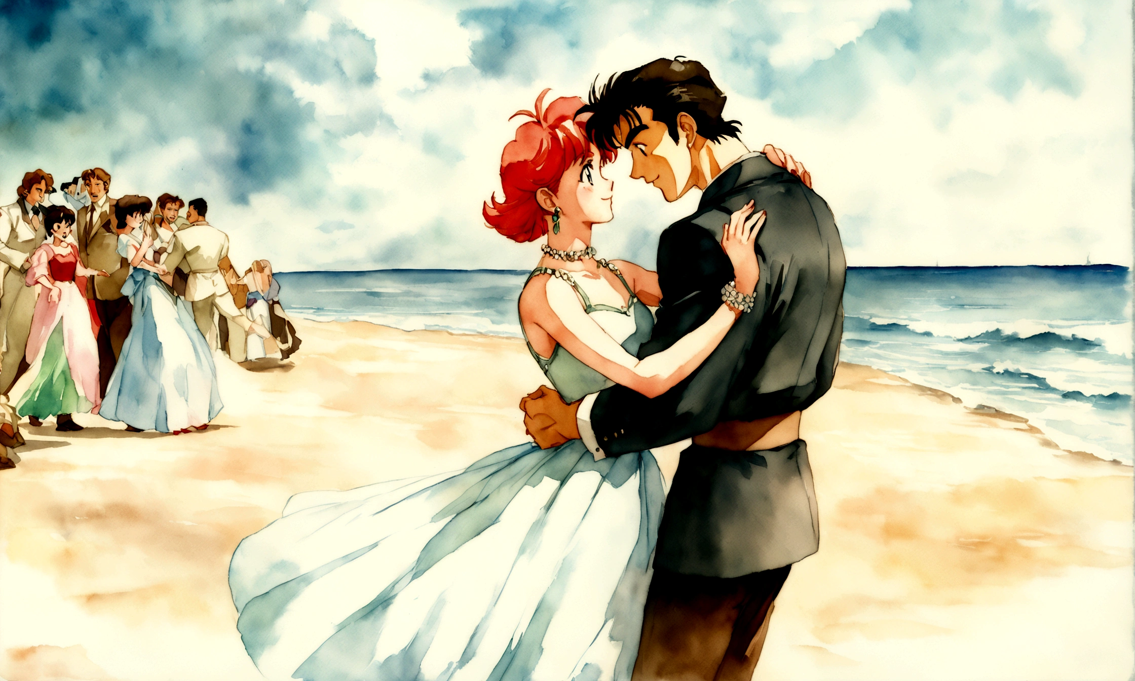 [Vintage Men&#39;s and Women&#39;s], Ancient Anime, 1980s \(style\), 1990s \(style\), watercolor \(middle\), , ((Highest quality)), ((masterpiece)), [Detailed], [Anime and manga images], [Women have small breasts], Couple dancing on the beach