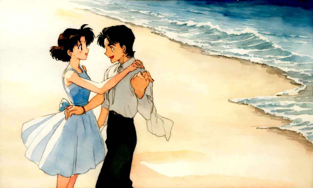 [Vintage Men&#39;s and Women&#39;s], Ancient Anime, 1980s \(style\), 1990s \(style\), watercolor \(middle\), , ((Highest quality)), ((masterpiece)), [Detailed], [Anime and manga images], [Women have small breasts], Couple dancing on the beach