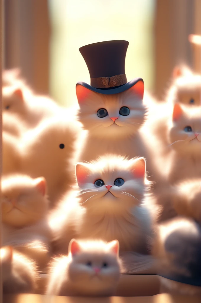 cinematic film still Cute puffy Cats, HD, 3d, . shallow depth of field, vignette, highly detailed, high budget, bokeh, cinemascope, moody, epic, gorgeous, film grain, grainy, Victorian, top hat
