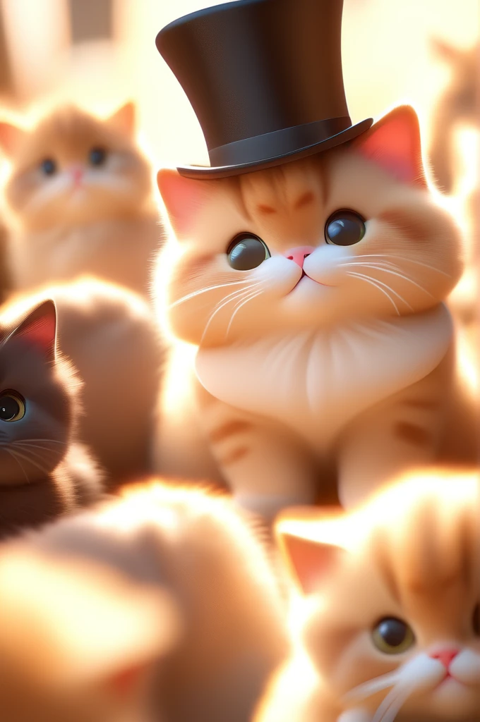 cinematic film still Cute puffy Cats, HD, 3d, . shallow depth of field, vignette, highly detailed, high budget, bokeh, cinemascope, moody, epic, gorgeous, film grain, grainy, Victorian, top hat