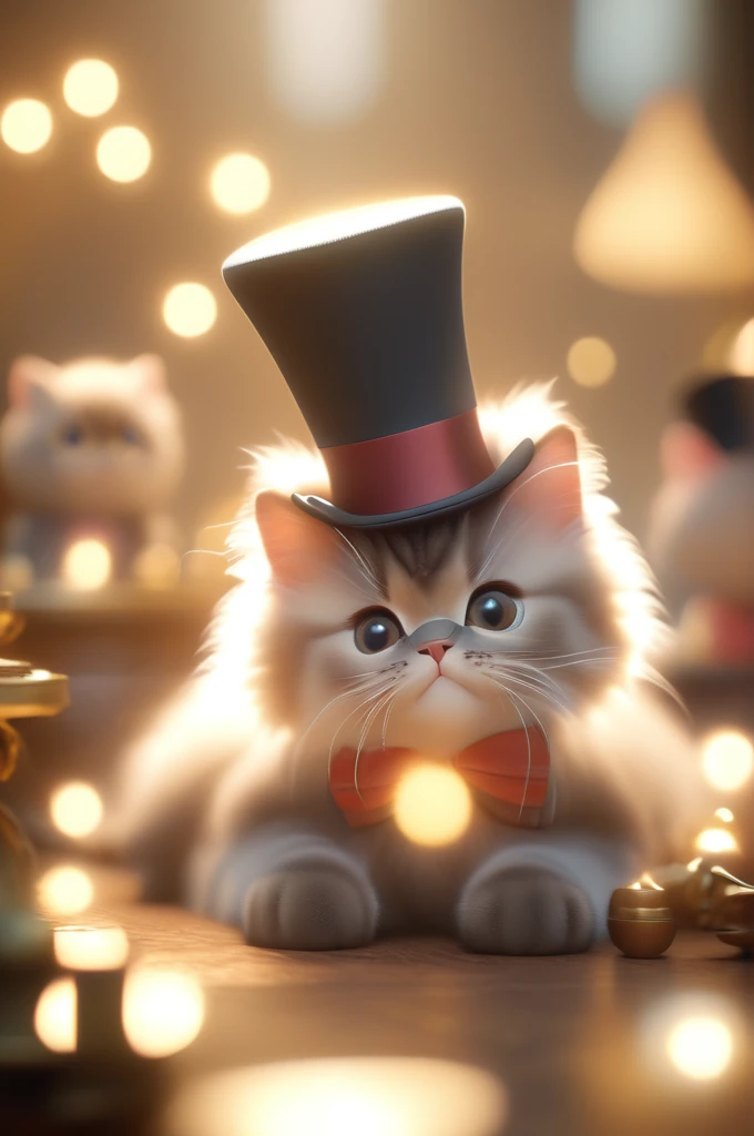 cinematic film still Cute puffy Cats, HD, 3d, . shallow depth of field, vignette, highly detailed, high budget, bokeh, cinemascope, moody, epic, gorgeous, film grain, grainy, Victorian, top hat