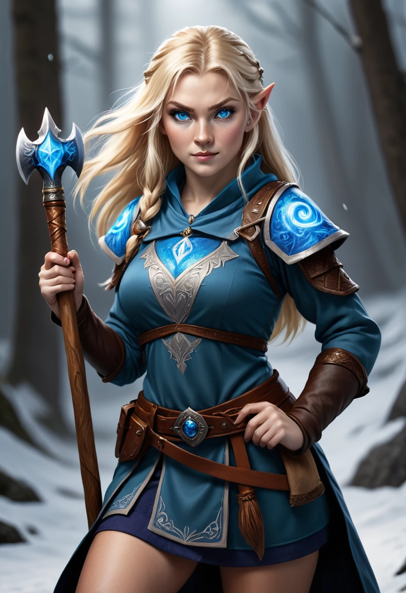 a female mage nordic women. with an axe. she is holding a wand. sher has blonde hair and blue eyes.