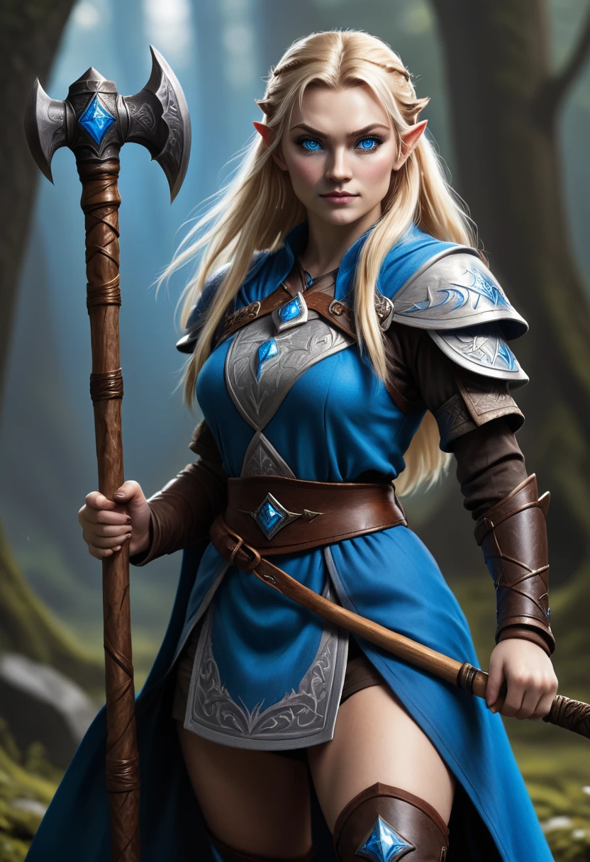 a female mage nordic women. with an axe. she is holding a wand. sher has blonde hair and blue eyes.