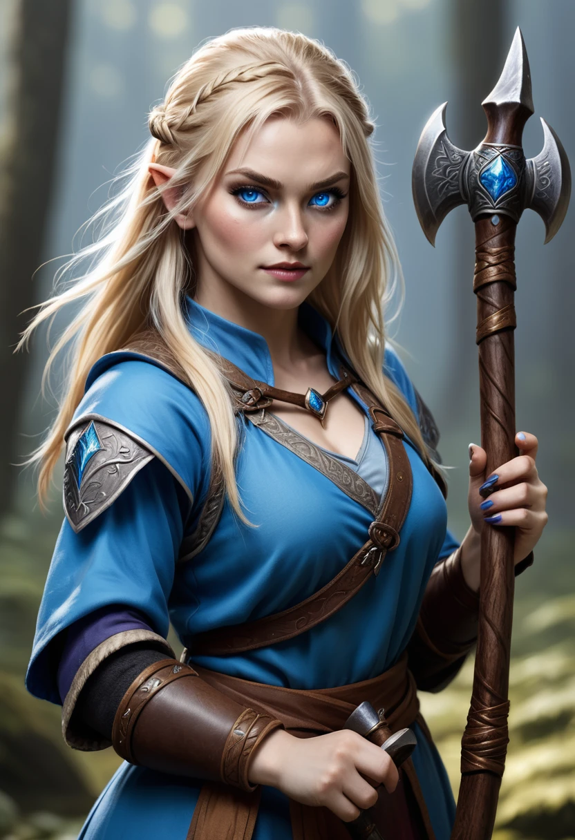 a female mage nordic women. with an axe. she is holding a wand. sher has blonde hair and blue eyes.