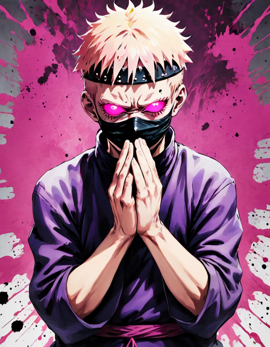 In the image, there is a character from the anime Jujutsu Kaisen with their hands in a praying position in front of their face. The character is wearing a mask and has pink eyes. The background is a purple and black splatter.