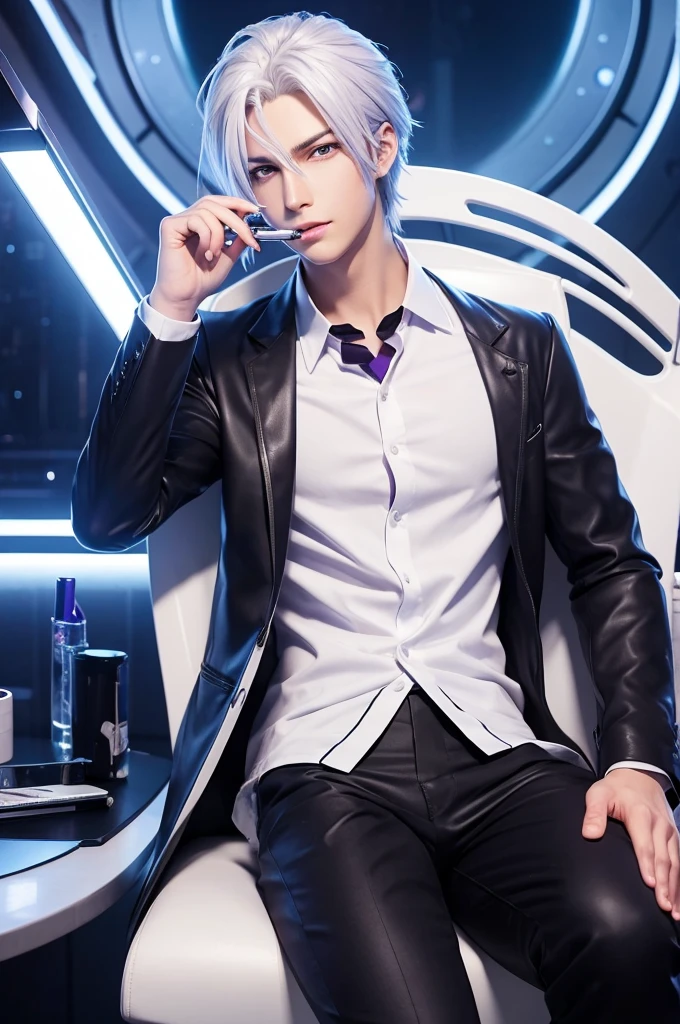 Anime-style game illustration, serious, handsome, good-looking young man, slim, silver hair, purple eyes, cyber laboratory, laboratory of the dark future, researcher, white lab coat, biting a pen, biting a ballpoint pen with teeth, thinking, sitting on a luxurious black chair