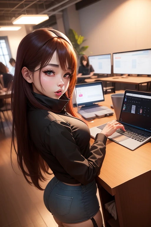 In a coworking space、Freelance designer working on a tablet。
surreal woman,Real life anime girls,Beautiful girls　　Move your hands and mouth