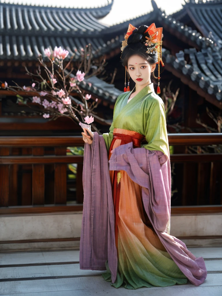 Apparition,Xingxian,Holding an apricot blossom,Green makeup jadeite,Dan face Sai rouge。The starry eye is still bright,The moth eyebrows are beautiful and aligned。The bottom line is a five-color plum light red dress,Wear a garment lighter than armor。Bow shoes bend the phoenix beak,Aya socks brocade mud。Enchanting like a rooftop woman,It's no less beautiful than the beautiful Daji back then。China costume