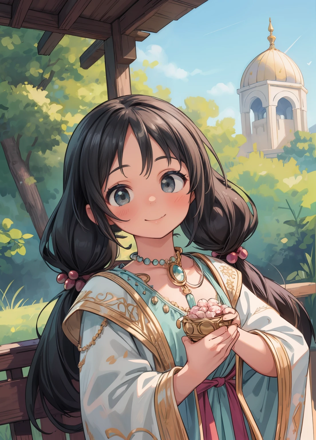 (masterpiece、Highest quality、Highest quality、Official Art、Beautiful and beautiful:1.2)、(One girl:1.3)Hatsune Miku、Twin tails,Beautiful breasts, Absurd,(masterpiece、Highest quality、8K ),Intricate details,Ultra-detailed、1 Beautiful Arab Women、(Gypsy national costume,:1.4)Structure of the film,smile、Dark skin、Black curly hair、In the Gypsy House、Ultra-realistic,Perfect Anatomy