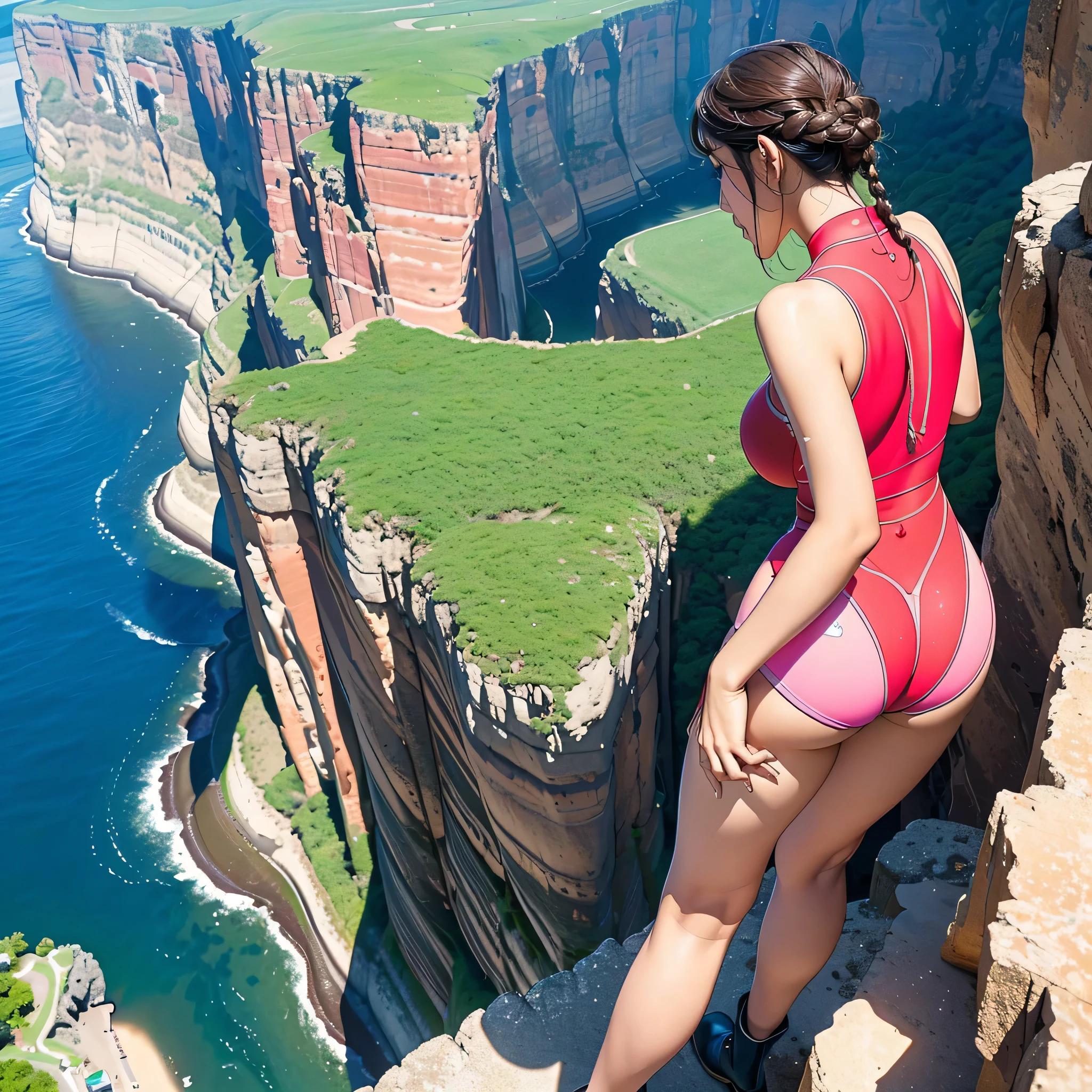 Highest quality, masterpiece, Ultra-high resolution, (Realistic:1.4), RAW Photos, Intricate details, Big beautiful eyes, Perfect contours, masterpiece, Girl, (Junior high school student:1.2), Braided Bob, (aerial view:1.5), (perky breasts:1.2, high breasts:1.2), (curvy waist:1.2), Competitive swimmer, (one piece:1.2, turtleneck:1.2, Sleeveless swimsuit:1.2, Tight short boots), (Metallic Pink, tight high leg swimsuit:1.2), ((shoot from behind:1.5, looking away:1.5)), Portraiture, (Standing on the edge of the highest cliff:1.5, Hesitant to jump, It is surrounded by sheer cliffs of incredible height.:1.5), peer down the cliff, (Anxious expression、His mouth is twitching with fear), (Wet Skin), ((Underarm))、Nothing in my hands、