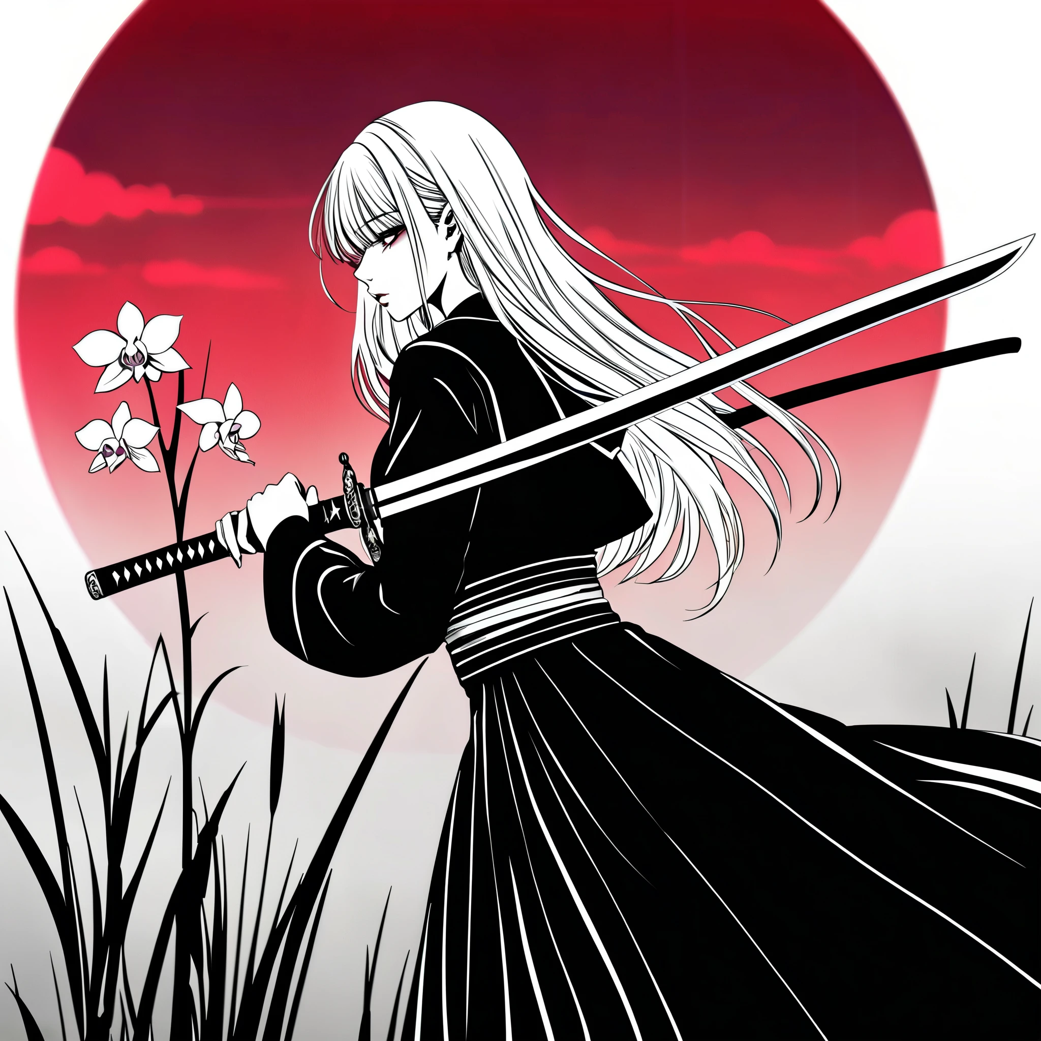 in style of Santiago Caruso:1.1), 1 Girl, Black sailor suit pleated skirt, (Blurred foreground), orchid, White long hair blowing in the wind, (((Background blur))), Red sphere background, Standing, Japanese sword, Holding a Japanese sword, (Eyes covered by orchids), inkpunk style, inkpunk style, color, monochrome, (Diffuse gradient color:1.5), Hands on the hilt and scabbard, illustration
