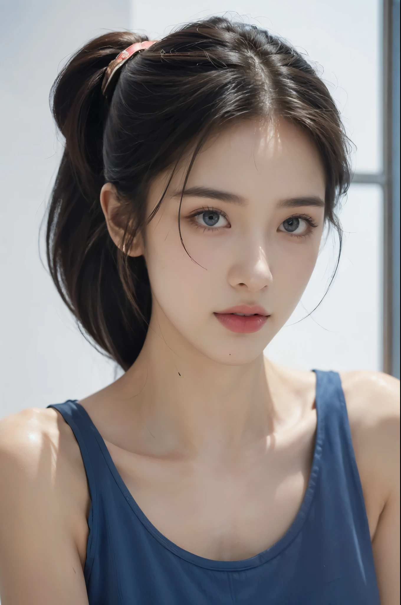 (((best quality))),(((ultra detailed))),(((masterpiece))),illustration,((1girl, female, Air Force commander,solo)),(short ponytail:1.2),((slim,thin)),((small breasts,flat chest)),poised, confidence, authority,(blue tank top:1.3),piercing eyes, control panel, military airport, soldiers, duties, fighter jets, clear sky, engine roar, excitement, energy, control room, monitors, switches, mosaic colors, expertise, pilots, headset, calm voice, strong presence, attention, respect, leadership, dedication, courage, bravery, women in military, inner strength, resilience, inspiration,((from front,close-up of face))