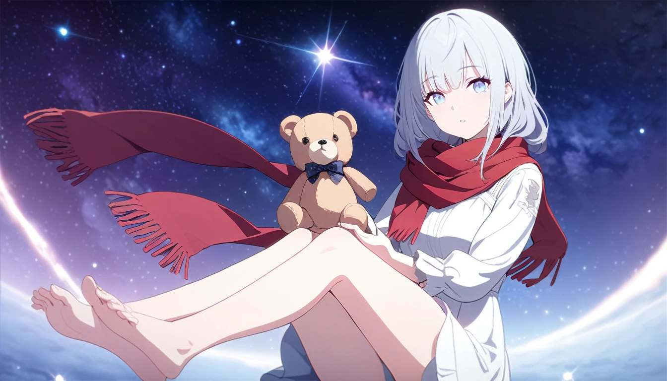 (((masterpiece))), (((best quality))),(((high detail))),light manipulation, girl with long silver hair, gradient purple to sky blue eyes, wearing a white dress, a red scarf, galaxy background, holding a teddy bear, feet, no footwear