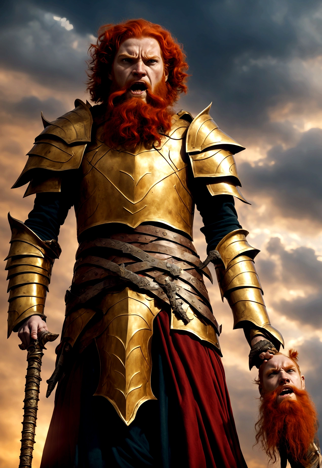 retelling of the biblical battle between David and the giant Goliath, Davi (13 year old boy, red hair with a sword in hand) goliath (giant with golden armor, And with a beard, angry face) fund (futurist, lights)