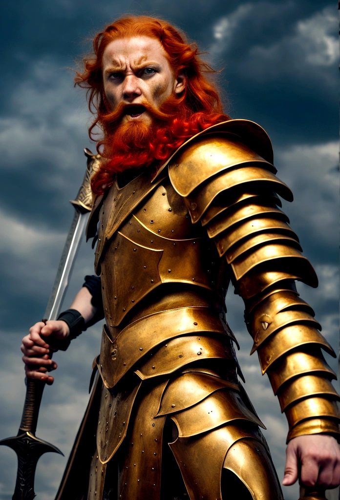 retelling of the biblical battle between David and the giant Goliath, Davi (13 year old boy, red hair with a sword in hand) goliath (giant with golden armor, And with a beard, angry face) fund (futurist, lights)