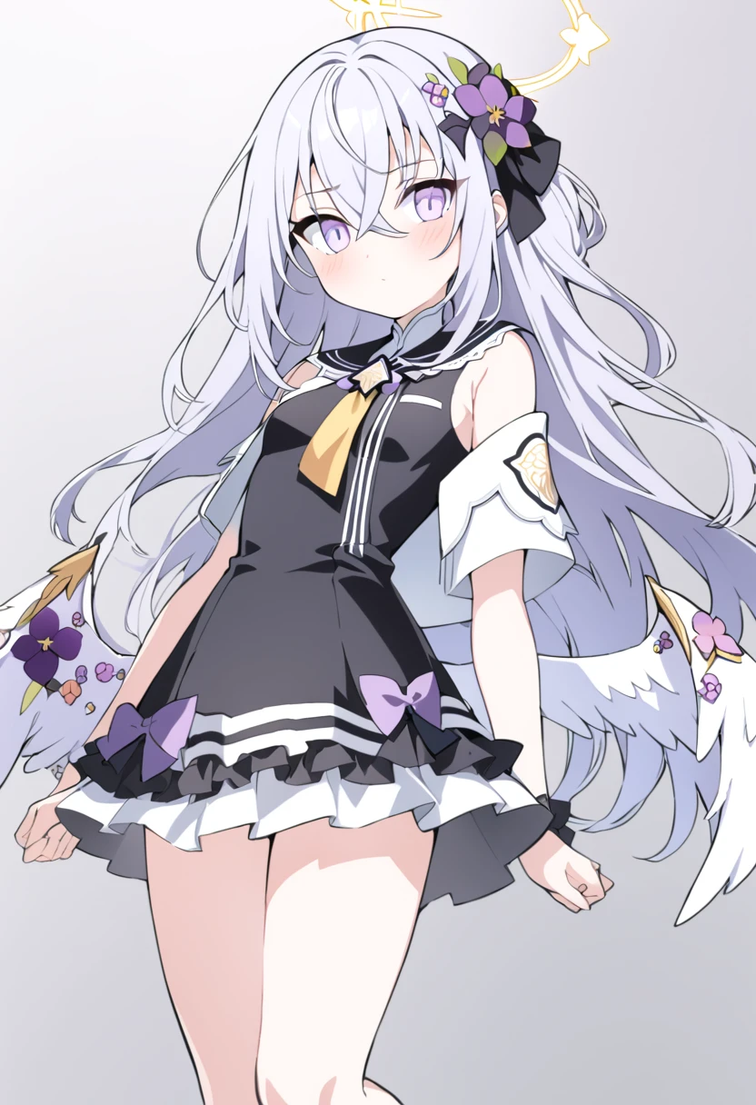 azusa \(blue archive\),  1girl angel_wings black_dress blush breasts closed_mouth dress feathered_wings flower grey_hair hair_between_eyes hair_flower hair_ornament halo jacket long_hair open_clothes open_jacket purple_eyes purple_flower simple_background sleeveless sleeveless_dress small_breasts solo twitter_username white_background white_jacket white_wings wings yellow_halo