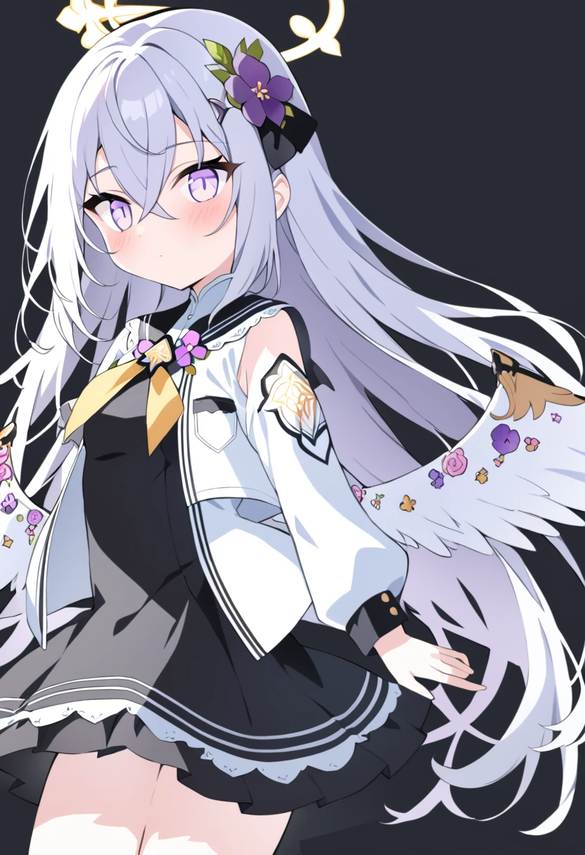 azusa \(blue archive\),  1girl angel_wings black_dress blush breasts closed_mouth dress feathered_wings flower grey_hair hair_between_eyes hair_flower hair_ornament halo jacket long_hair open_clothes open_jacket purple_eyes purple_flower simple_background sleeveless sleeveless_dress small_breasts solo twitter_username white_background white_jacket white_wings wings yellow_halo