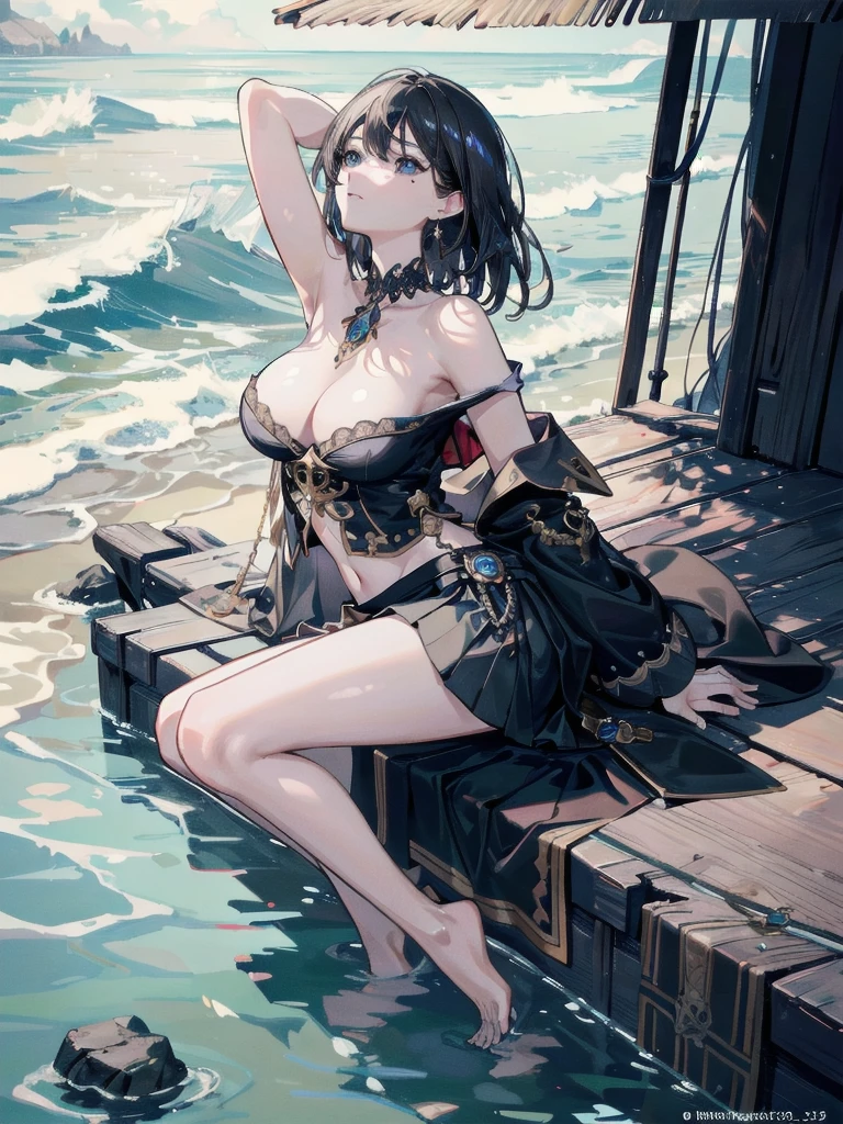absurdres, RAW photo, extremely delicate and beautiful, masterpiece, Best Quality, ultra high resolution, 32k, hyperrealistic, ultra-detailed, delicate facial features, beautiful detailed woman, tearful mole, earring, medium breasts, full body shot, medium hair, black hair, Legendary Pirate, blouse, short skirt, off shoulder, Eroded Coastline,