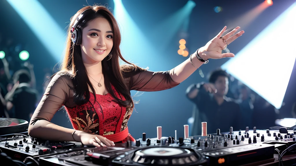 (ultra - detailed, 16K resolution, Cinema lenses, rendering by octane), (high resolution:1.18), intricate detail, (masterpiece:1.1), (highest quality:1.1), (1girl, portrait, white hair, blue eyes, long hair, detailed eyes),Wearing red DJ headphones, a beautiful woman with a slender figure, (dark brown layered hairstyle), wearing a pendant, ((kebaya_bali)), modern plain hot deep neck top and dupatta, shy, medium portrait, watery eyes, wearing red kebaya, well-proportioned body,, chubby massive thighs, Hena art on the body, hena art on arms , Smile while DJing on stage, The spotlight shines on the female DJ. Photorealistic photography by Disco Lighting, (cute round face:1.3),perfect fingers, five fingers, beautiful hands, perfect hands. master peace, cute smile.