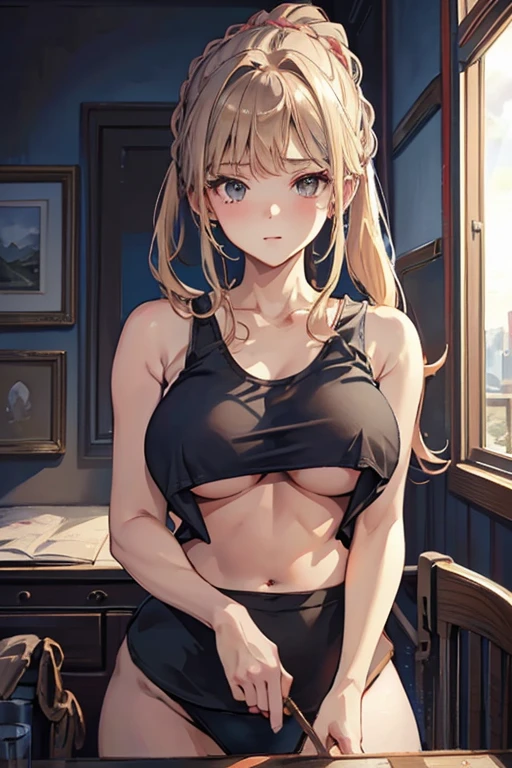 masterpiece、highest quality、Very detailed、An illustration、Beautiful fine details、One Girl、cute、Detailed landscape、Training Room Background:1.4、Platinum Blonde Hair、Braided Ponytail、Red camisole、((D cup breasts, Tank top showing underboob:1.3))