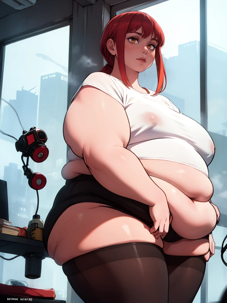 Le personnage Makima de la série animée Chainsaw Man, fragile, obésité morbide, ssbbw, pleine longueur (corps entier 1.1.), fond sombre, obscurité, anatomie correcte 1.1, anatomie correcte de la main, Très féminin, corps gras et rond, grosses Jambes, fesses, beau corps obèse, ventre rond et mou très gras, cheveux roux, Yeux oranges, Cercles rouges pour les écoliers, chemise blanche, jupe noire, cravate noire, pose sexy, réaliste, very détaillé, beau corps, détaillé body, détaillé hands, détaillé, vibrant, détaillé Face, Conception des personnages de Makima. very détaillé, détaillé body, détaillé hands, détaillé Face, Art animé, Hugh Détails, Visage très abattu, détaillé eyes, Illustration ultra fine, Meilleure ombre, détail fin, beautiful détaillé glow, beautiful détaillé, Extraordinairement beau, extremely détaillé, inexpressif, composition épique, Style animé. art animé, Style animé. Jupe noire, chemise blanche, cravatte, pose sexy. Double menton, visage très gras, grosses joues, joues potelées