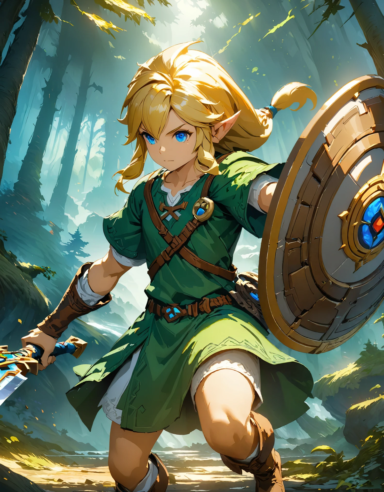 The Legend of Zelda, Link, Long blonde hair and blue eyes, Wearing a green tunic and brown leather boots, With a sword and shield, Forest Trees々を背景にした壮大なFantasyの風景, (Detailed face), Intricate details, Ready your sword, Action Scenes, Face Close Up, Bright colors, Dramatic lighting, Fantasy, Concept Art, Digital Painting, (Highest quality, 8K, High resolution, masterpiece:1.2), Super detailed, (Computer Graphics, Digital illustration:1.37).