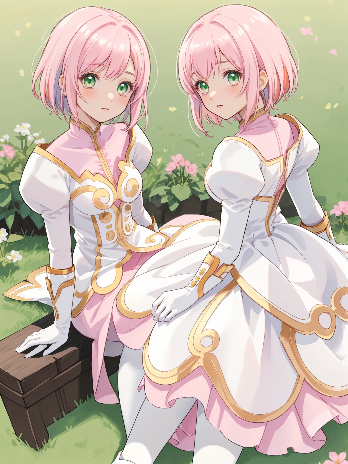 masterpiece, Highest quality, alone, One Girl,Estellise Sidos Heurassein, Pink Hair, short hair, Green Eyes, Small breasts, White and pink dress, Glamorous Dress, Pink collar, Pink Skirt, White boots, White gloves, (Black Pantyhose, Black legwear:1.1)whole body, Little:5, cute, (Beautifully detailed face), (Beautiful attention to detail), (Beautiful detailed hair)