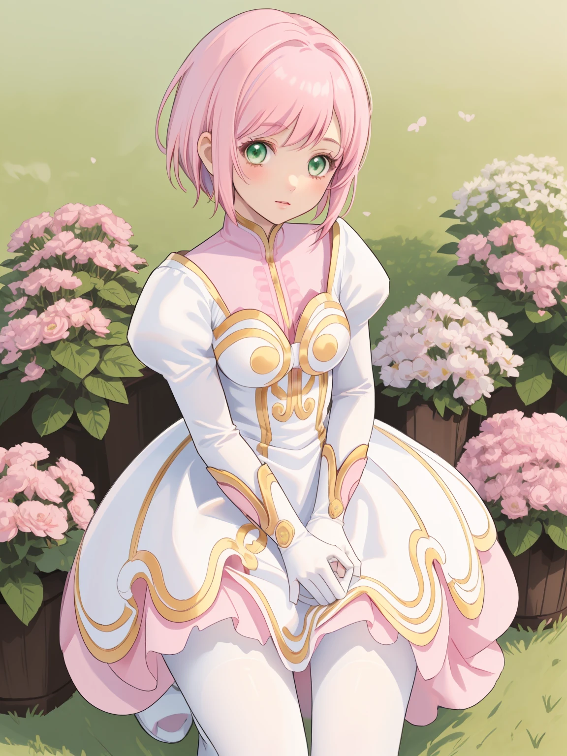 masterpiece, Highest quality, alone, One Girl,Estellise Sidos Heurassein, Pink Hair, short hair, Green Eyes, Small breasts, White and pink dress, Glamorous Dress, Pink collar, Pink Skirt, White boots, White gloves, (Black Pantyhose, Black legwear:1.1)whole body, Little:5, cute, (Beautifully detailed face), (Beautiful attention to detail), (Beautiful detailed hair)
