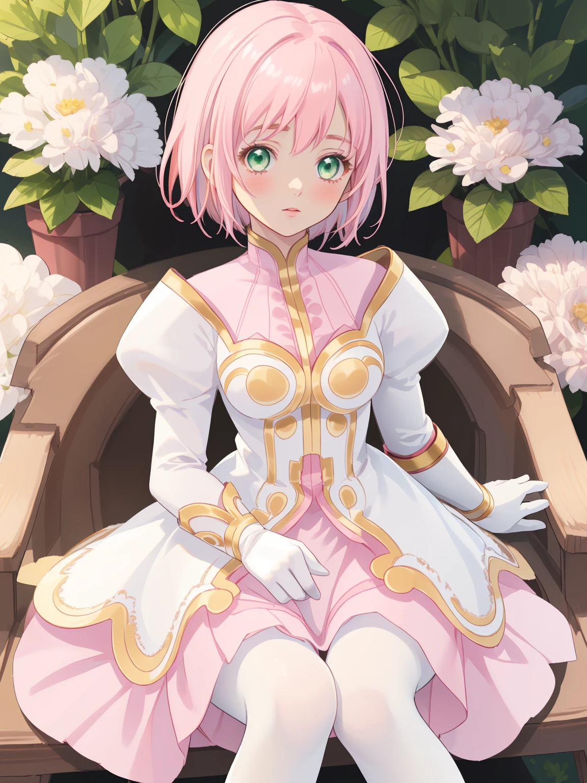 masterpiece, Highest quality, alone, One Girl,Estellise Sidos Heurassein, Pink Hair, short hair, Green Eyes, Small breasts, White and pink dress, Glamorous Dress, Pink collar, Pink Skirt, White boots, White gloves, (Black Pantyhose, Black legwear:1.1)whole body, Little:5, cute, (Beautifully detailed face), (Beautiful attention to detail), (Beautiful detailed hair)