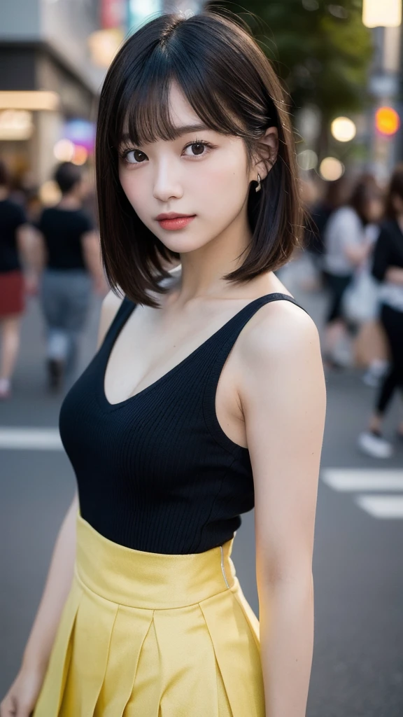 1 Girl, Tokyo Street,night, Streetscape,City lights,Upper Body,close,smile,, (8K, Raw photo, highest quality, masterpiece:1.2),(Realistic, photo-Realistic:1.37),