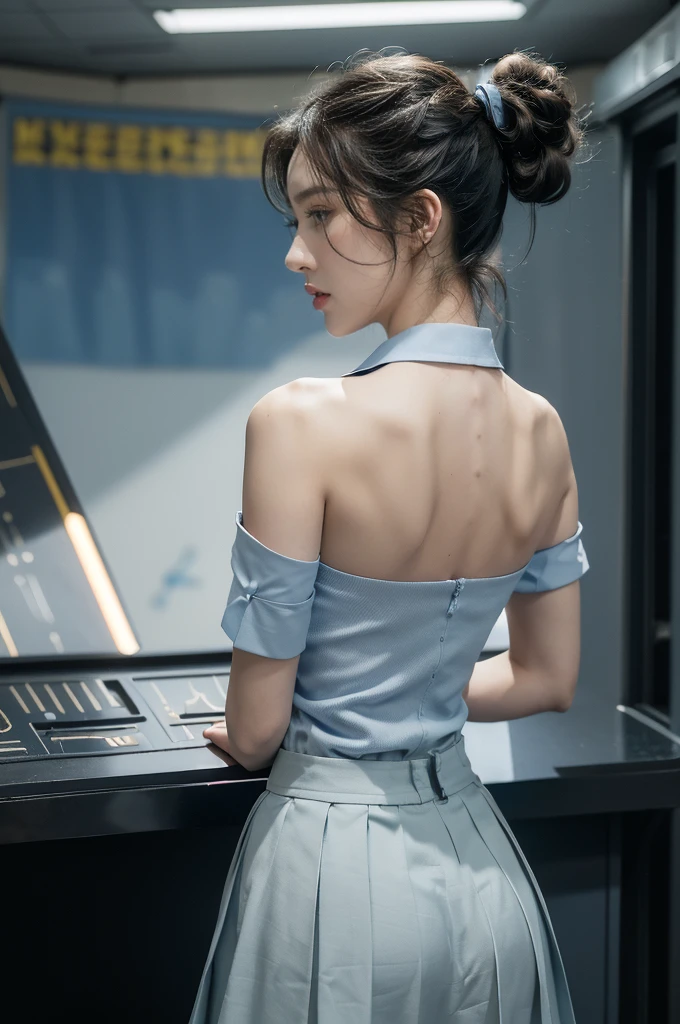 (((best quality))),(((ultra detailed))),(((masterpiece))),illustration,((1girl, female, Air Force commander,solo)),(short ponytail:1.2),((slim,thin)),((shoulder off,strapless,bare back,towering hips,butt crack)),poised, confidence, authority,(light blue collared short-sleeved shirt:1.3),(dark blue pleated skirt:1.2), (slender legs:1.2),piercing eyes, control panel, military airport, soldiers, duties, fighter jets, clear sky, engine roar, excitement, energy, control room, monitors, switches, mosaic colors, expertise, pilots, headset, calm voice, strong presence, attention, respect, leadership, dedication, courage, bravery, women in military, inner strength, resilience, inspiration,((from back,upper body))