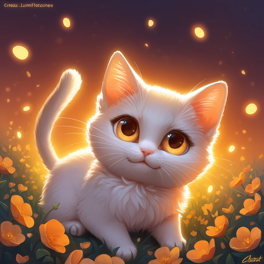 "Créez une image d'un chaton mignon et réaliste, avec des yeux grands et brillants reflétant la lumière, assis dans un champ de fleurs colorées. Le chaton doit avoir une fourrure douce et duveteuse, avec des rayures subtiles et des oreilles pointues légèrement translucides aux extrémités. Les fleurs autour du chaton doivent être de différentes couleurs vives, avec des pétales délicats, illuminées par des petites lumières scintillantes flottant dans l'air, créant une ambiance magique et féerique. L'arrière-plan doit être flou pour mettre en avant le chaton, avec des effets de bokeh lumineux pour ajouter de la profondeur à l'image. La scène doit avoir une lumière douce et chaude, évoquant un coucher de soleil. Utilisez un style artistique doux et rêveur, avec une attention particulière aux détails et à la texture de la fourrure et des fleurs, pour créer une image captivante et attendrissante."
