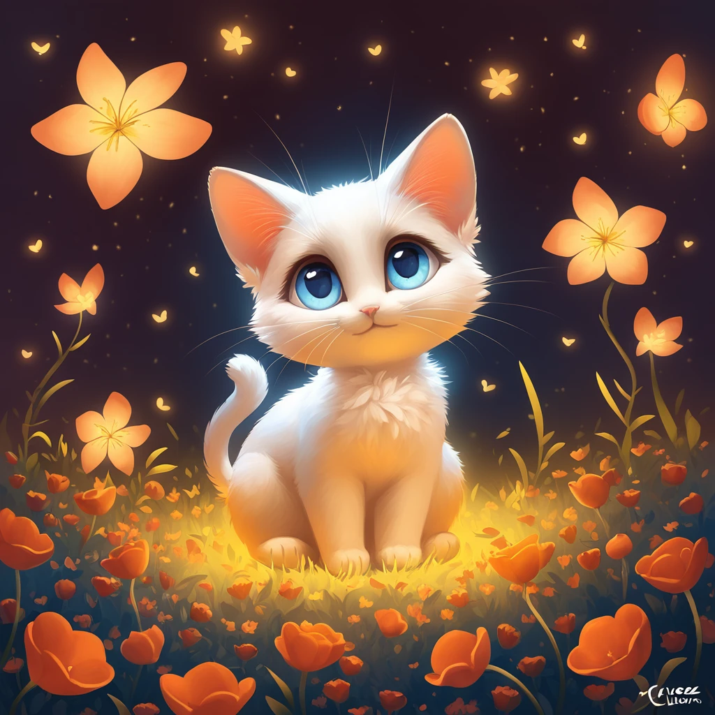 "Créez une image d'un chaton mignon et réaliste, avec des yeux grands et brillants reflétant la lumière, assis dans un champ de fleurs colorées. Le chaton doit avoir une fourrure douce et duveteuse, avec des rayures subtiles et des oreilles pointues légèrement translucides aux extrémités. Les fleurs autour du chaton doivent être de différentes couleurs vives, avec des pétales délicats, illuminées par des petites lumières scintillantes flottant dans l'air, créant une ambiance magique et féerique. L'arrière-plan doit être flou pour mettre en avant le chaton, avec des effets de bokeh lumineux pour ajouter de la profondeur à l'image. La scène doit avoir une lumière douce et chaude, évoquant un coucher de soleil. Utilisez un style artistique doux et rêveur, avec une attention particulière aux détails et à la texture de la fourrure et des fleurs, pour créer une image captivante et attendrissante."
