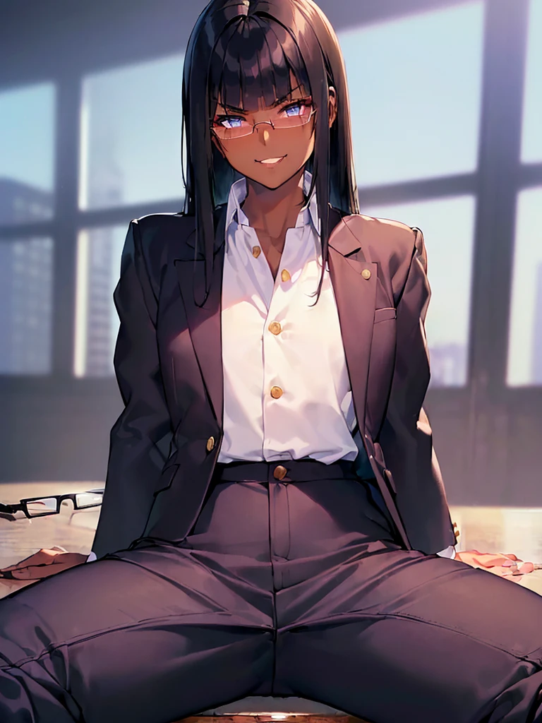 (1 girl solo),(dark skin:1.5),(masterpiece:1.2), highest quality, High resolution, unity 8k wallpaper, (fine and beautiful eyes:1.6), highly detailed face, perfect lighting, Detailed CG, (perfect hands, perfect anatomy),20 years old, (black hair:1.3), detailed eyes, best quality, extremely detailed, very precise detailed, (glasses:1.4), , (straight hair:1.5), (evil smile:1.4) ,long sidelocks, (blush:1.3),(gakuran,long pants:1.5),(short Bobbed hair:1.4),(blunt bangs:1.4), (greaming skin:1.3),(in class room:1.3),(sit on desk:1.4),(spread legs:1.4),(flat chest:1.3),(front open gakuran:1.7),(Dress shirt under gakuran:1.4)