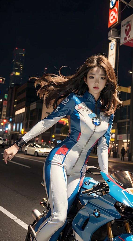 The highest image quality,Excellent detail,Ultra-high resolution,(Reality:1.4),The best illustrations,Favor detail,Cinematic lighting,Highly concentrated,Korean celebrity love poster,1girll,exquisite and beautiful face,huge exy and colorful racing suits,Long hair,Hair flying,Hold the direction controller,(BMW streamlined motorcycle race),riding a motorcycle,Future city high-tech lighting scene at night。Detailed eyes,detailed nose,Detailed lips,Slender thighs,(Ultra-realistic skin texture),White balance