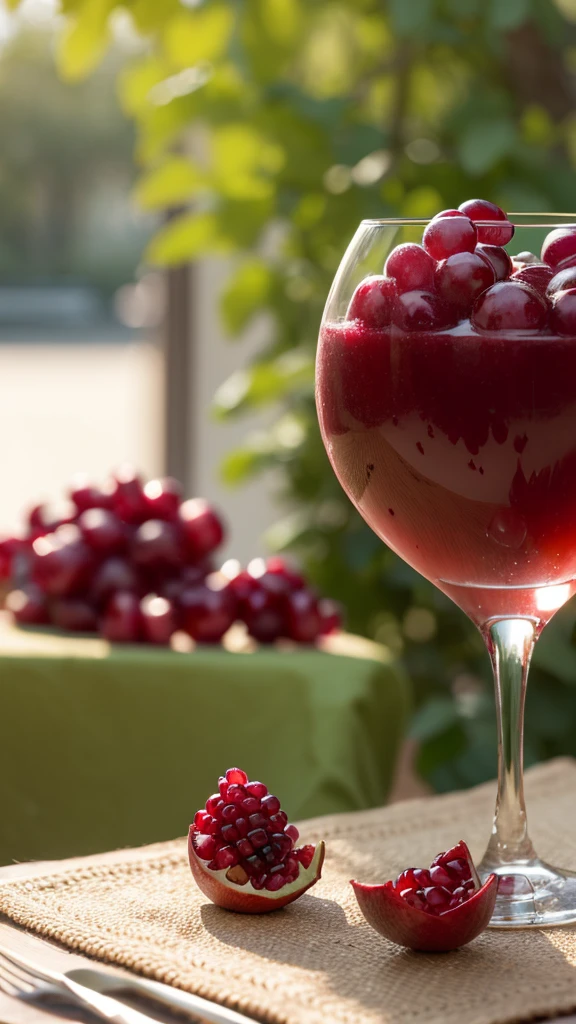 Artistic atmosphere,Art Photography,elegant,A glass of pomegranate juice on the table,There are some tempting grapes on the table,HD Photography,Solid color background,Background blur,Artistic sense,Depth of Field,Ultra-clear,Close Range。