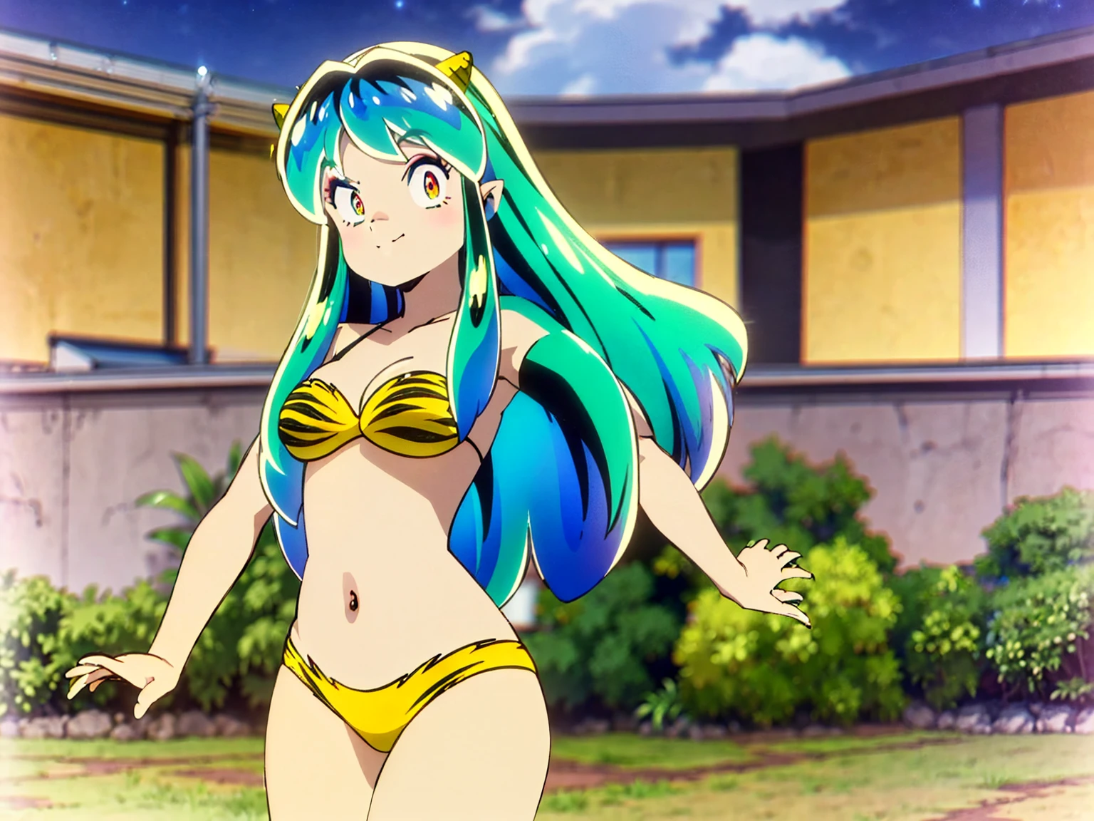Tabletop, Highest quality, Ultra-high resolution, Highest quality, Anime Style, Alien Girl, They are, , Attractive girl, Long Green Hair, Yellow horn, Ram, Ram_Bikini, Yellow tabby bikini, A carefree smile, Animated facial expressions, Face Focus, close, squatting, pov