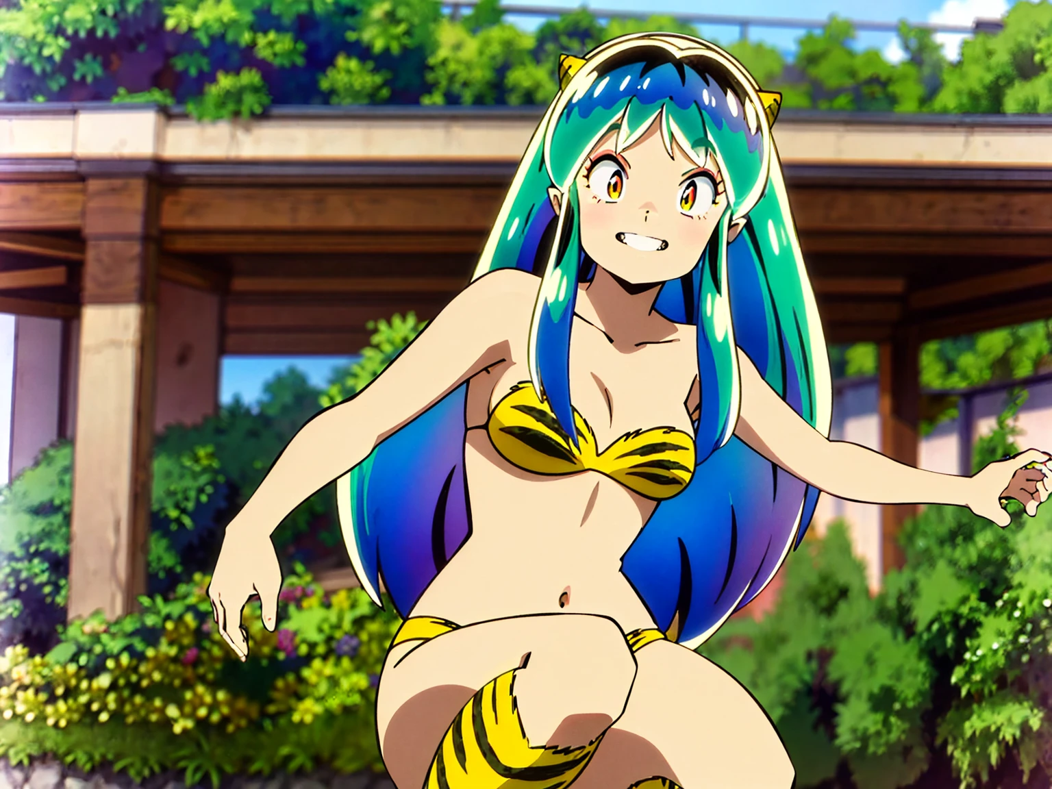 Tabletop, Highest quality, Ultra-high resolution, Highest quality, Anime Style, Alien Girl, They are, , Attractive girl, Long Green Hair, Yellow horn, Ram, Ram_Bikini, Yellow tabby bikini, A carefree smile, Animated facial expressions, Face Focus, close, squatting, pov