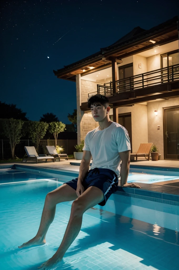 A man sitting near a swimming pool, Wear long shorts., Night light view, half moon, Blue lights under the swimming pool, lantern light, realist